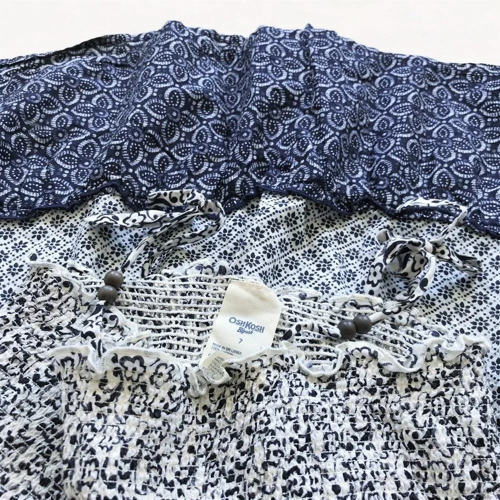 Oshkosh Ruched Tiered Dress Floral Print Blue Tie Girls 7 Kids Summer New
